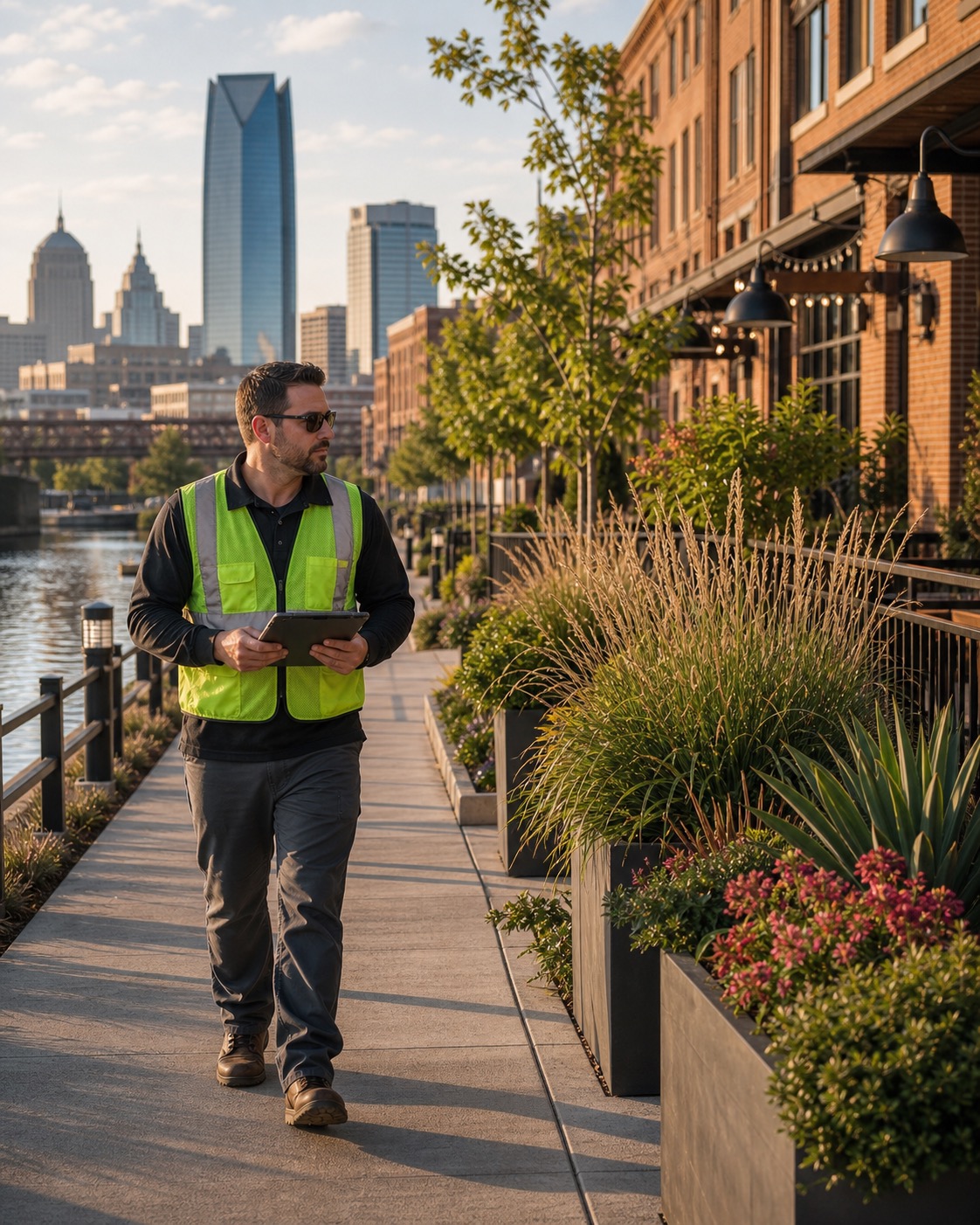 ManageMowed account manager inspecting a commercial property along the Oklahoma City Bricktown canal