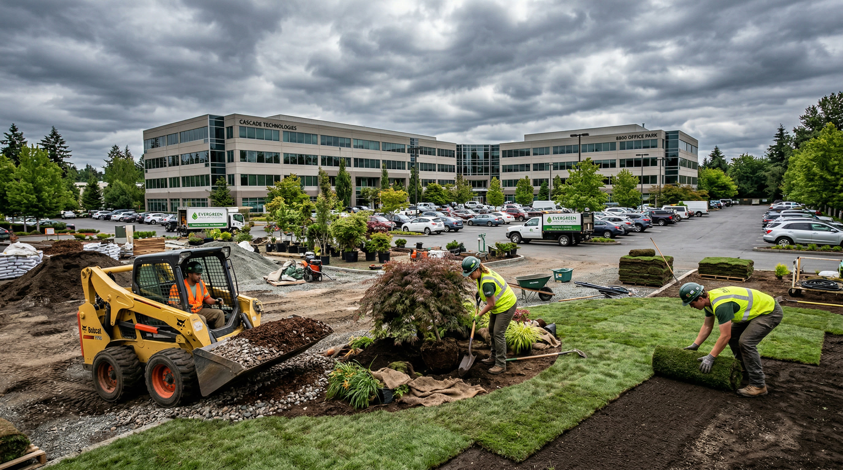 ManageMowed crew working on a large commercial landscape enhancement project in OKC