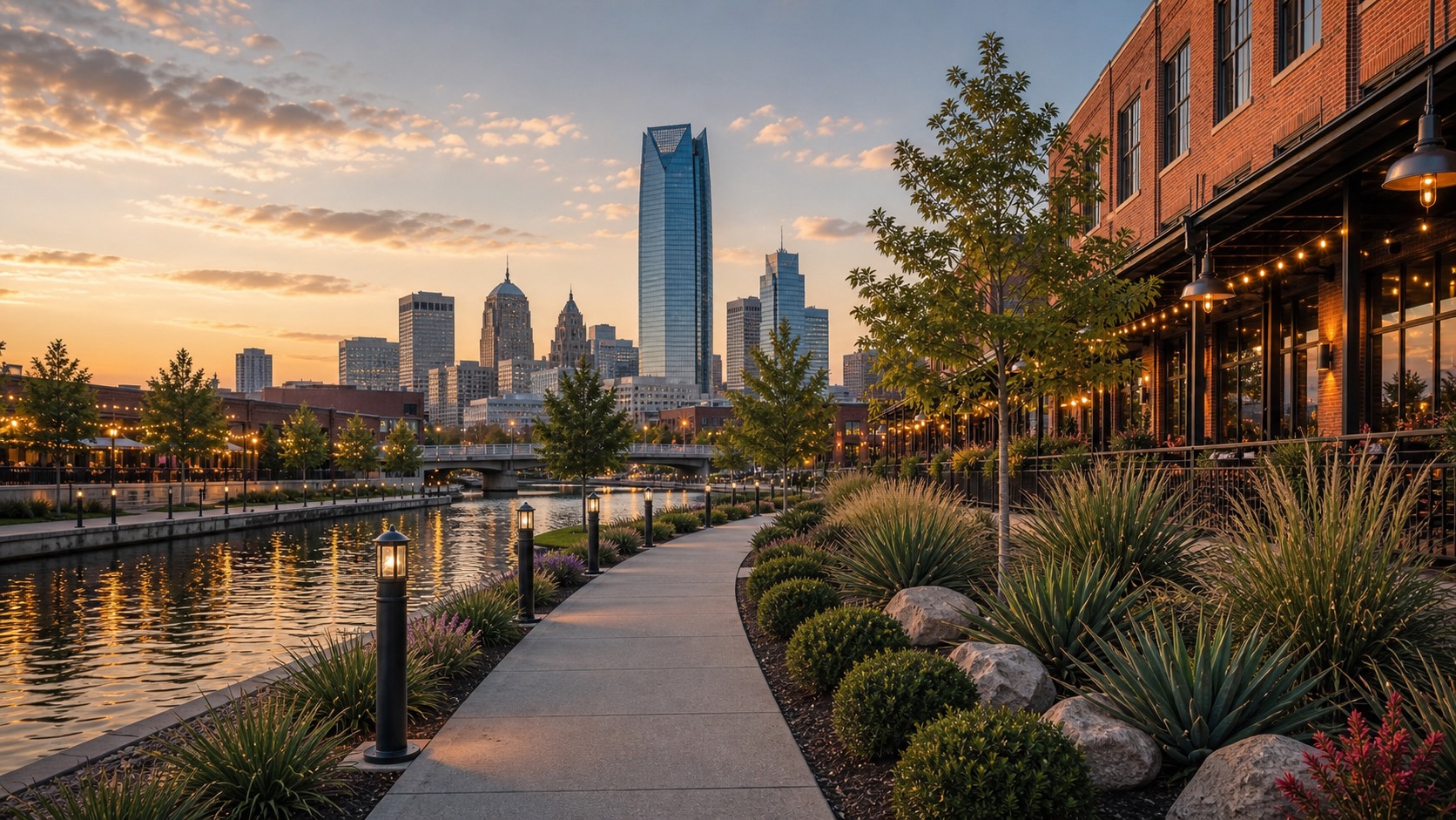 The Oklahoma City skyline and Bricktown canal at dusk