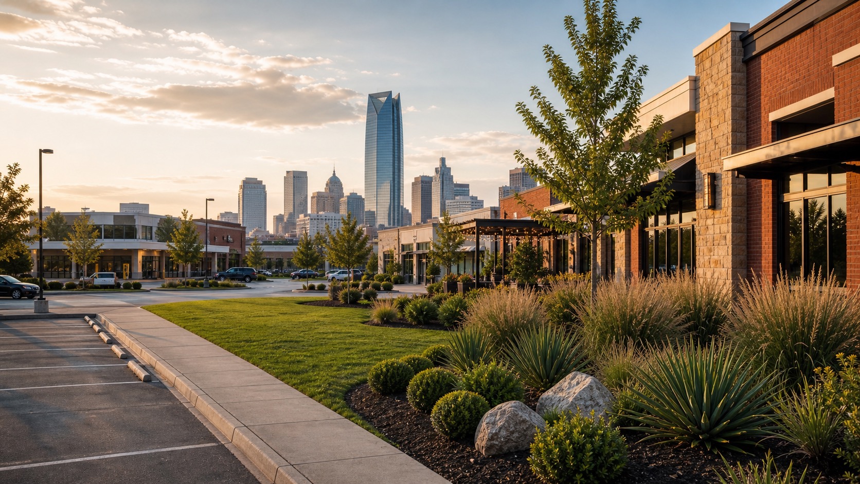 Beautifully maintained commercial property landscaping with the Oklahoma City skyline beyond