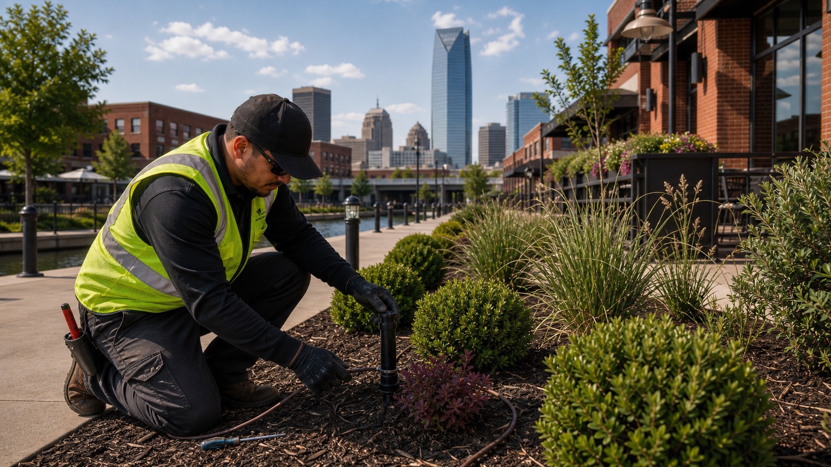 ManageMowed crew member servicing an irrigation system at an Oklahoma City commercial property in summer